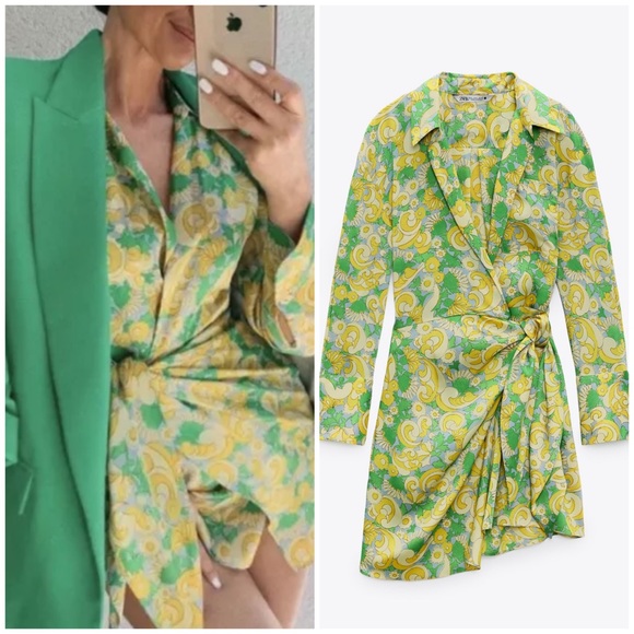 Zara Green and Yellow Paisley Wrap Dress - Picture 1 of 15